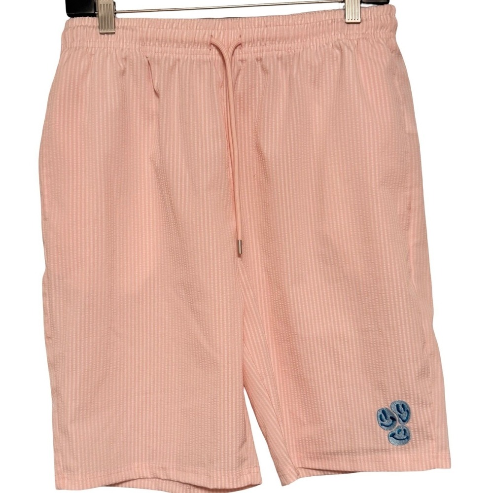 Public Record Striped Short Medium Pink Smiley Face Embroidery Casual Y2K Retro
